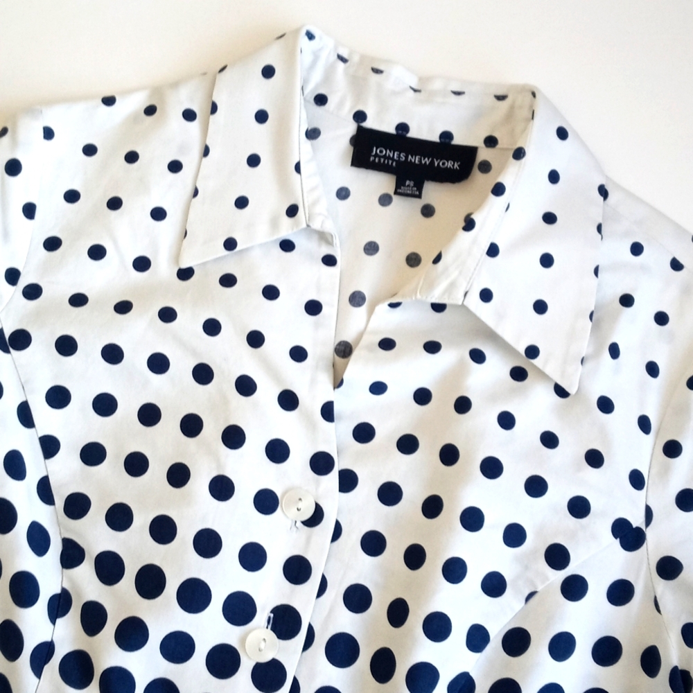Jones New York White w Navy Blue Polka Dot Mid-Century Modern 3/4 Sleeve Top P/S - Picture 3 of 12